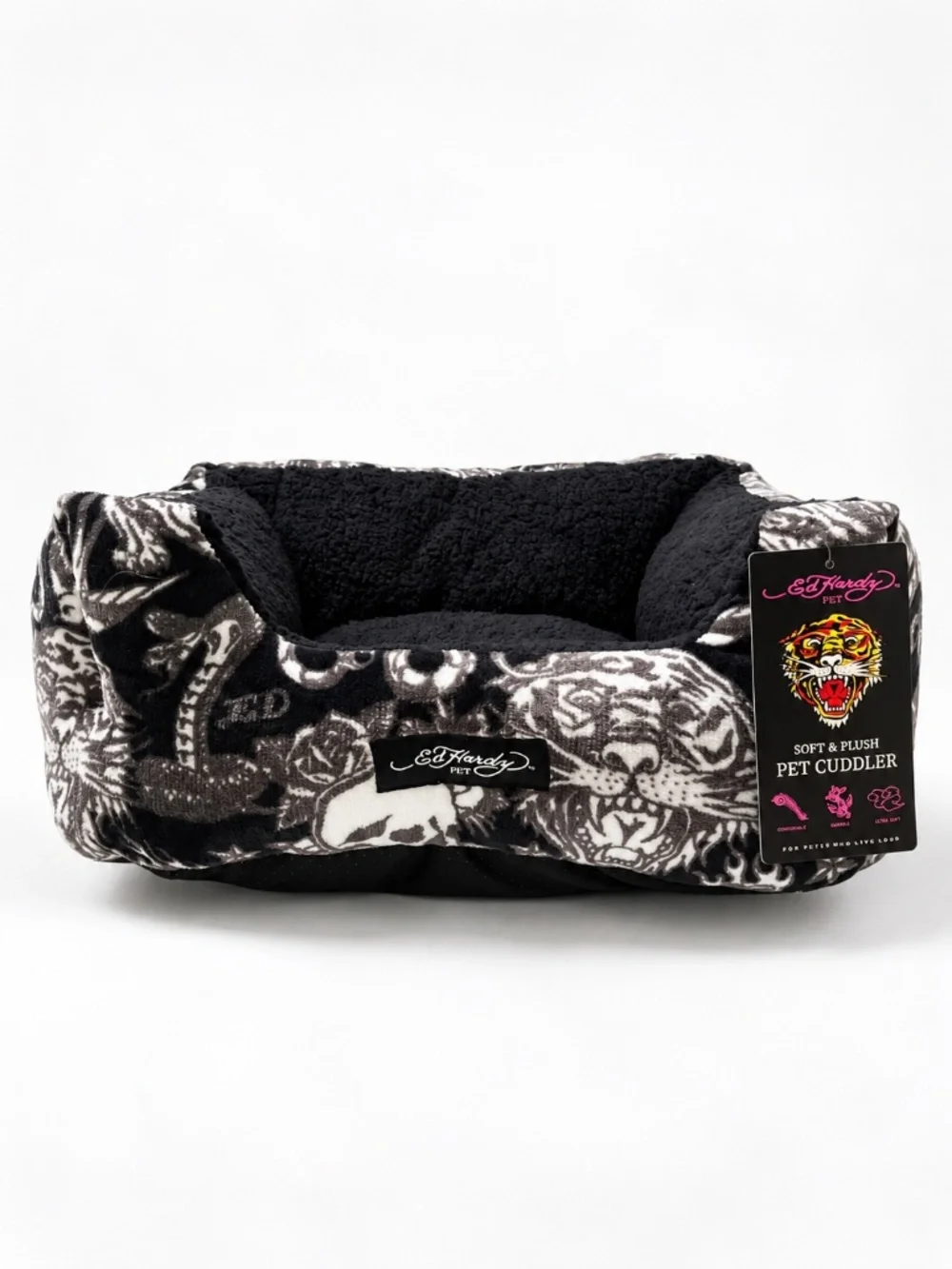 NWT Ed Hardy Pet Bed Black Skull Tiger Tattoo Plush Cuddler Cat Small Dog 20x16